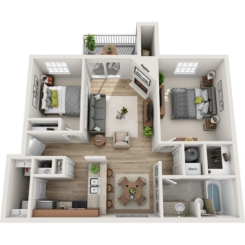 Floor plan for 2 beds, 1 bath, 841 sqft